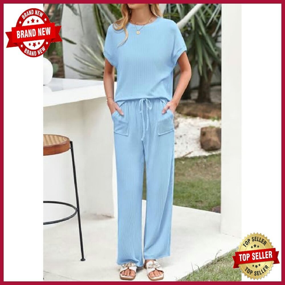 Ribbed Knit Lounge Set: Short Sleeve Top & Wide Leg Pants - Picture 6 of 8